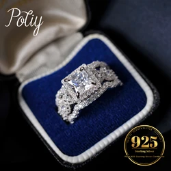Potiy 3Pcs 925 Sterling Silver Halo Wedding Engagement Ring Set for Women 2.9ct Princess Cut AAAAAA CZ Fashion Jewelry