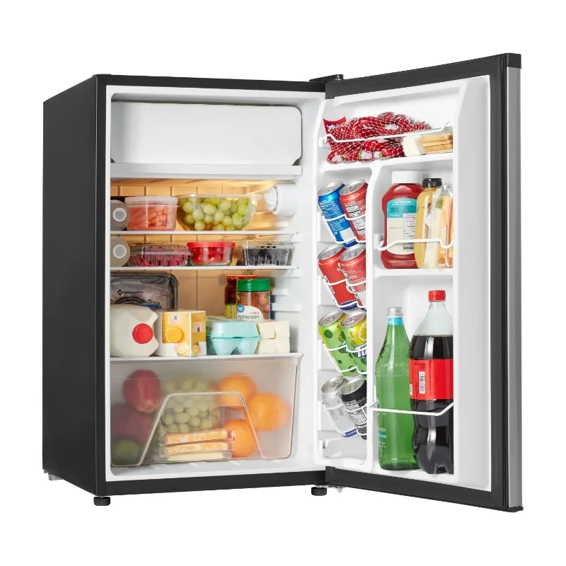 Galanz 4.3 Cu ft Single Door Mini Fridge, Stainless Steel Look, New, Width 19.12"