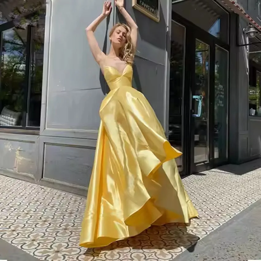 

Customized Elegant Women's Prom Dress Yellow Satin A Line Vestitos De Gala Spaghetti Straps Formal Occasion Evening Dresses
