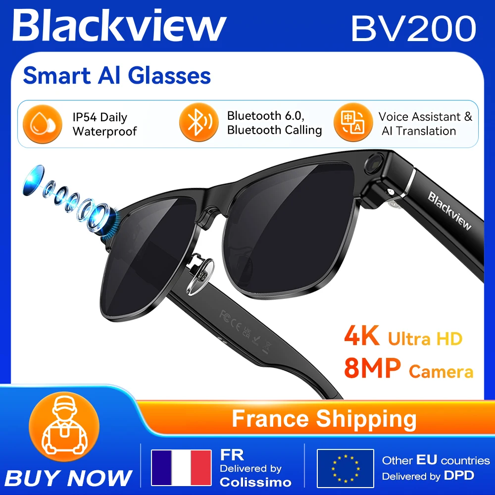 Blackview BV200 Shooting Smart Glasses, 4K Ultra HD 8MP Kamera, Bluetooth 6.0, IP54 täglich wasserdicht, Bluetooth-Anrufe, Sprachassistent & KI-Übersetzung