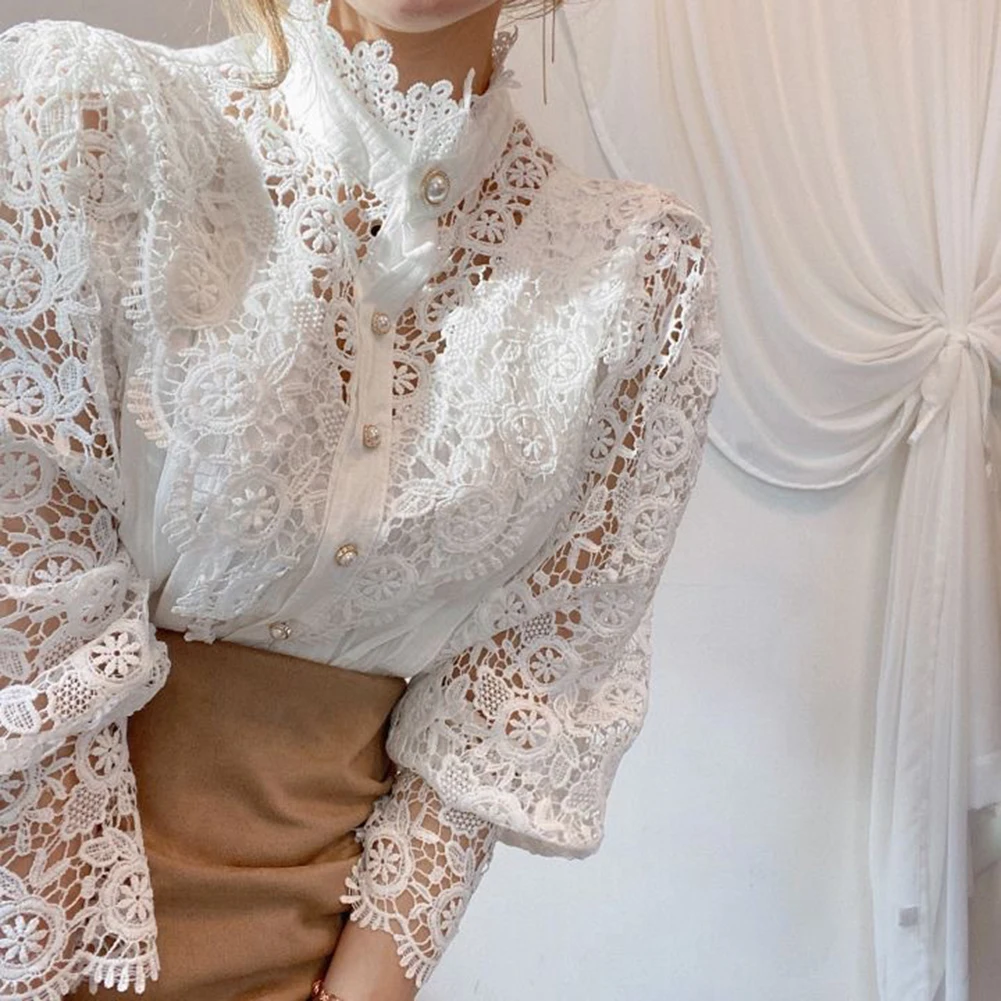 Lace Hollow Out Womens Long Sleeve Shirt with Stand Collar Button Front Blouse for Office Casual and Party Outfits