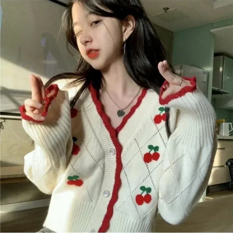 Chic Fashion Cherry Knitted Cardigan Women Autumn Cute Button Up O-neck Long Sleeve Coat Streatwear Lady Y2K Sweaters