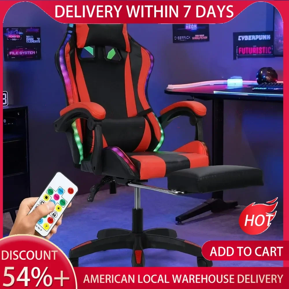 Gaming Chair w Bluetooth Speakers RGB LED Lights,Ergonomic，Footrest,Height Adjustable Adults w Back Lumbar Support Red