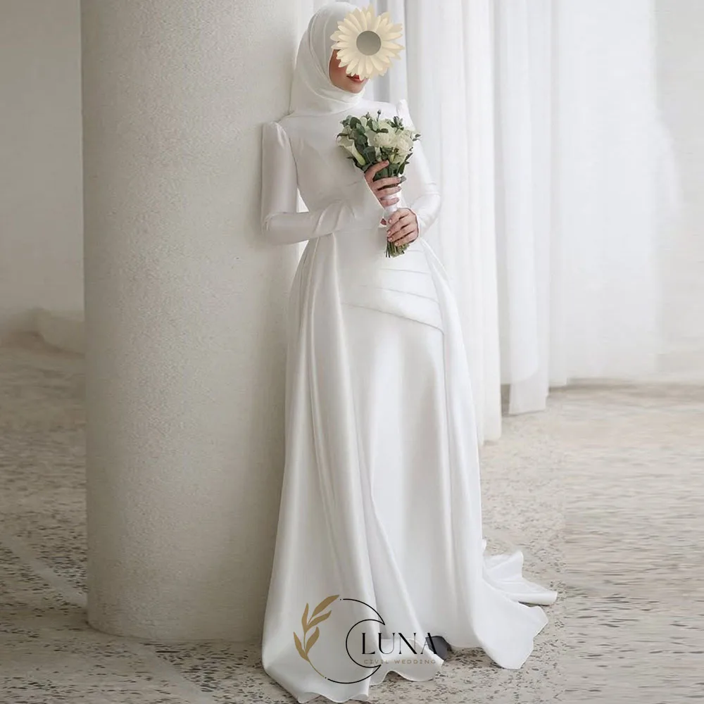 Luna Maßgeschneiderte Satin-Muslimische Hochzeitskleider 2026 Langarm Brautkleid A-Linie Bescheiden Elegant Vestidos de Novia für die Braut