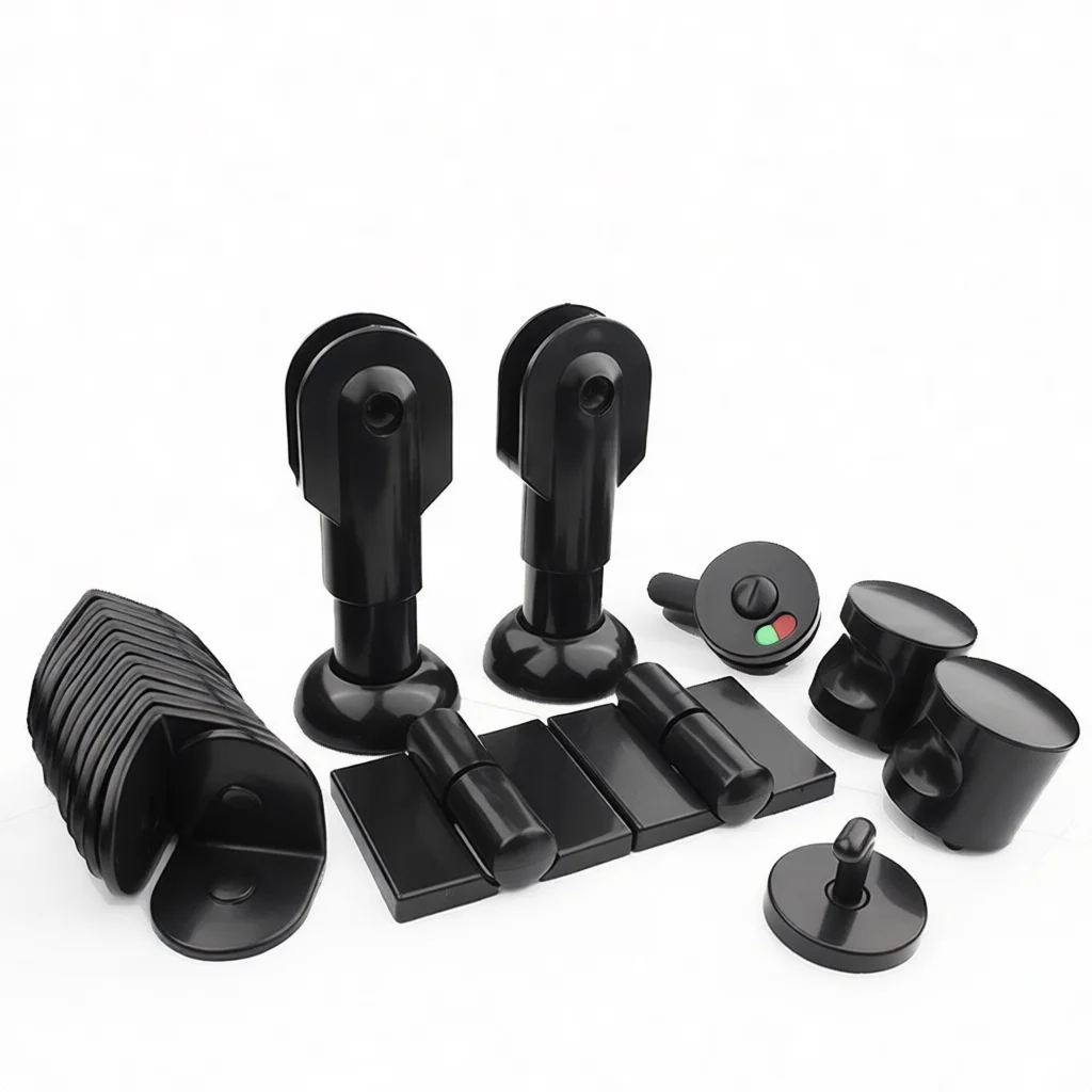 Commercial Toilet Stall Hardware Set Nylon Black Support Foot Hinge Indicator Lock Corner Brace Restroom Installation