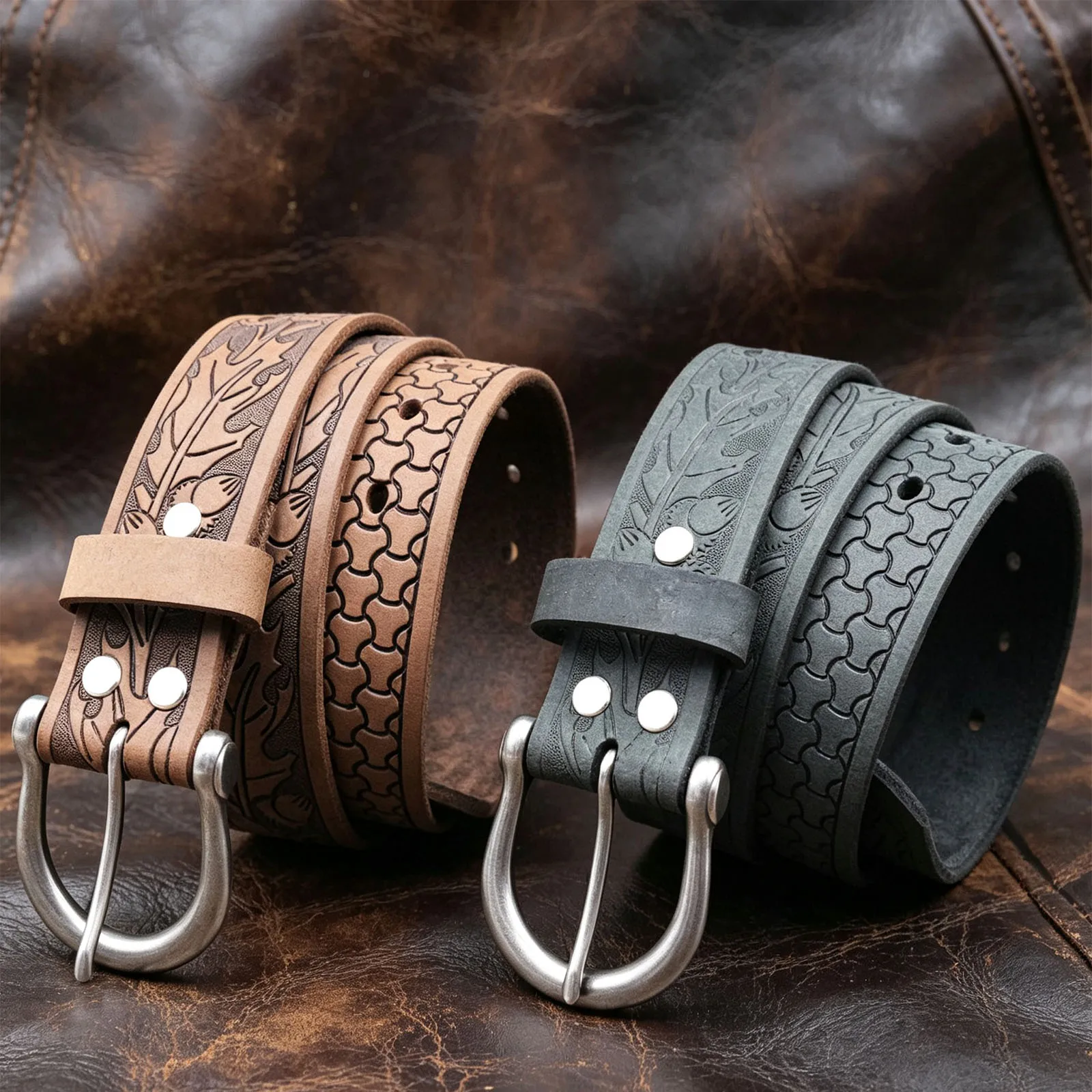 Retro Cowboy Style Men Leather Belt, Full Grain Cowhide Oak Leaf Acorn Embossed Strap, Horseshoe Metal Pin Buckle Leather Belt