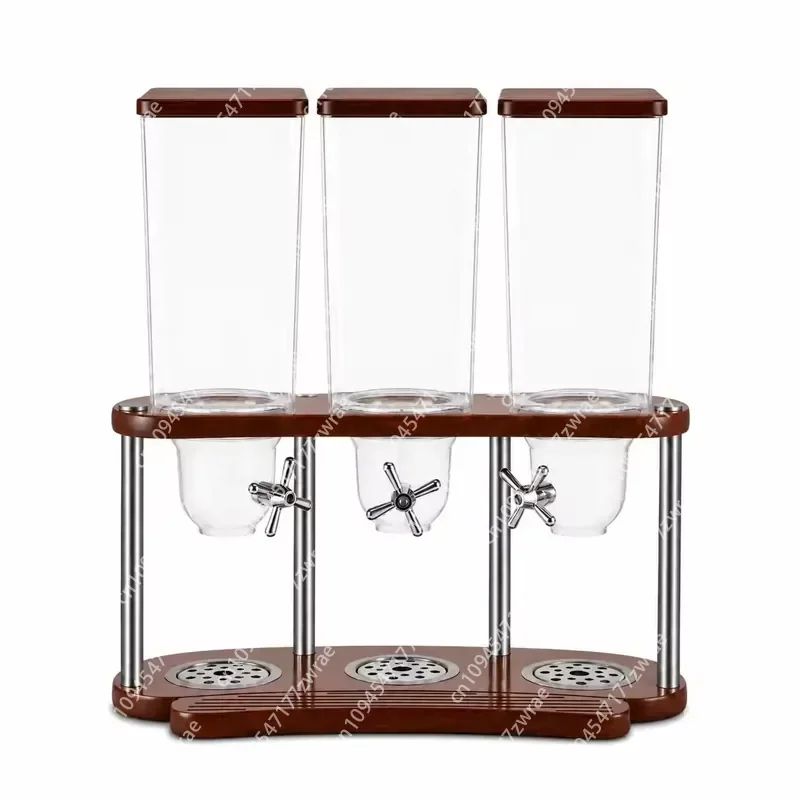 Multifunction Buffet Food Storage 3 Tank Dry Food Candy Nut Dispenser Stainless Steel Grain Cereal Dispenser with Wooden Base