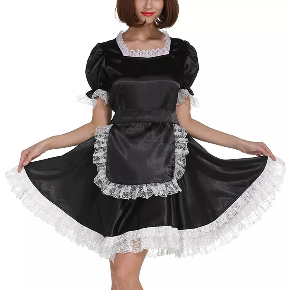 

Sexy sissy French maid black satin lockable ruffle edge dress maid cosplay costume customizable