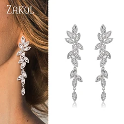 Luxury Polish Best Selling Leaf CZ Long Drop Earrings for Women Elegant AAA Zircon Bridal Earring  Wedding Party Jewelry