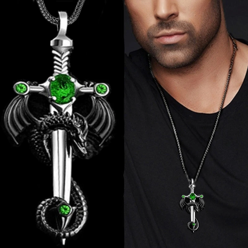 Fashion Men Dragon Sword Necklace Sword Black Dragon Pendant Hip Hop Necklaces for Men Animal Jewelry Party Anniversary Gift