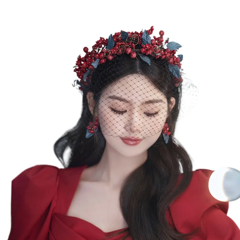 

Toast Clothing Hair Accessories Set Red Flower Handmade Mesh Cover Headband Elegant Retro Head Accessories