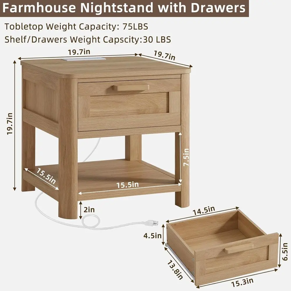 armhouse Night Stand Set o 2 with Charging Station, Natural | Wood Bed Side Table with Der & Open Storage Shel & Rounded s or Be - view 3