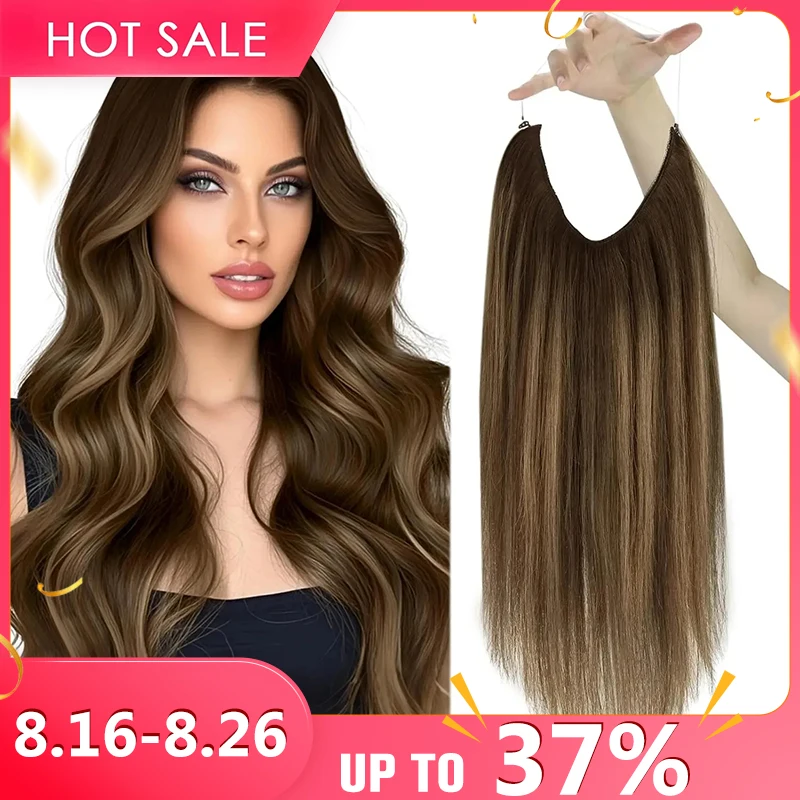 VeSunny Fish Line Human Hair Extension Remy Hair One Piece Invisible Wire Hair Weft Brazilian Hair Balayage Hair Extensions