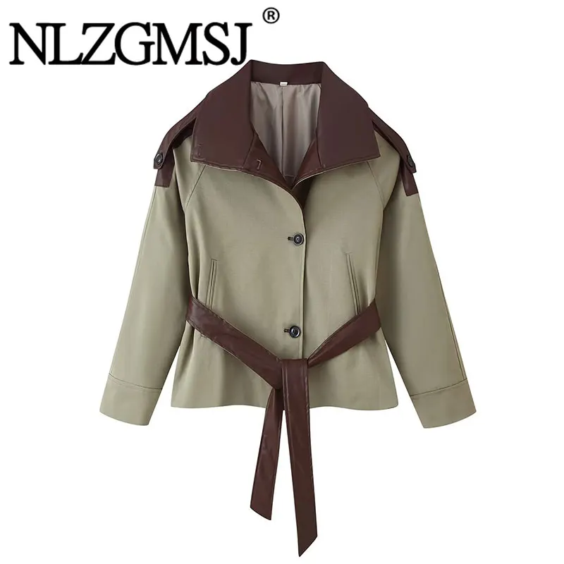 Nlzgmsj 2026 Women Short Trench Coat Faux Leather Splice Stand Collar Belted Slim Outerwear Fall Winter Vintage Jacket