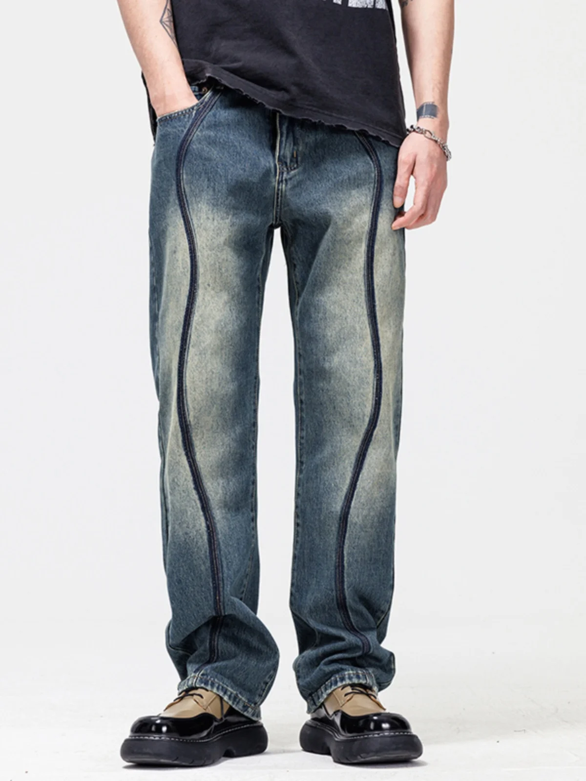 

Ретро-джинсы в американском стиле с элементами пэчворка, модные свободные прямые широкие брюки, осенне-зимние новые молодежные повседневные джинсы