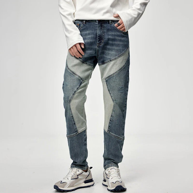 High-end autunno e inverno splicing biker jeans da uomo Slim piccola gamba dritta pesante ricamo gang bei pantaloni di personalità