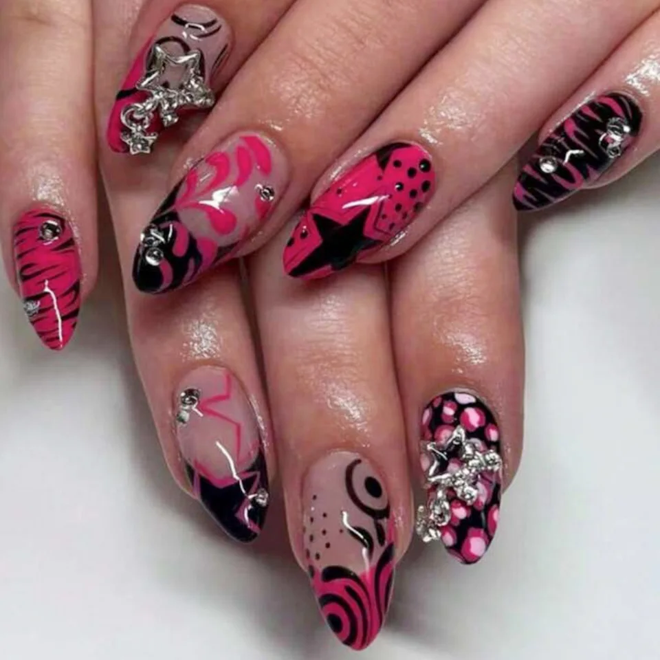 24 uñas postizas de presión, ojo de gato con estampado de leopardo, almendra larga, patrón de estrella negra, brillantina rosa, acabadas 2