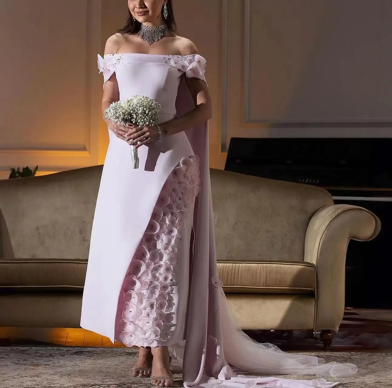 Pink Off the Shoulder Prom Dresses Ankle Length for Arabic Women 2025 Hand Made 3D Flowers Satin Formal Evening Gowns Customized