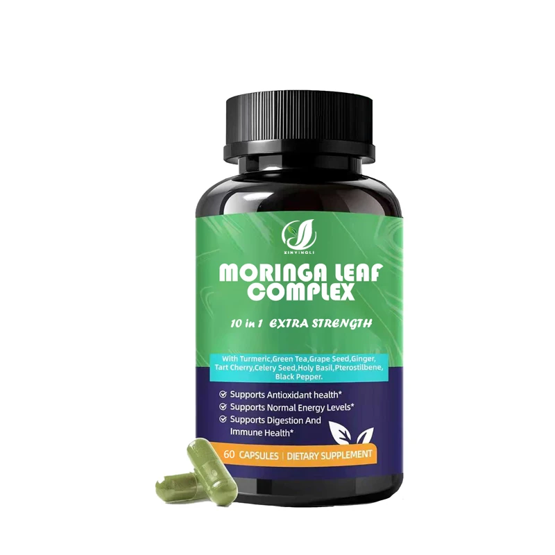 Cápsulas de Moringa y Cúrcuma, un complejo de hojas de Moringa 10 en 1, proporcionan energía y apoyo intestinal, y son ricas en antioxidantes.
