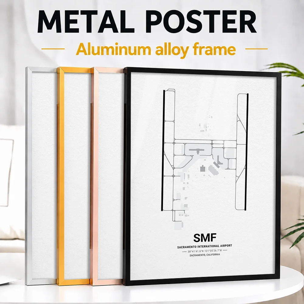 Affiche métallique encadrée représentant la carte de l’aéroport de SMF, œuvre d’art murale personnalisée et originale, idéale pour décorer un salon et satisfaire les passionnés de géographie.