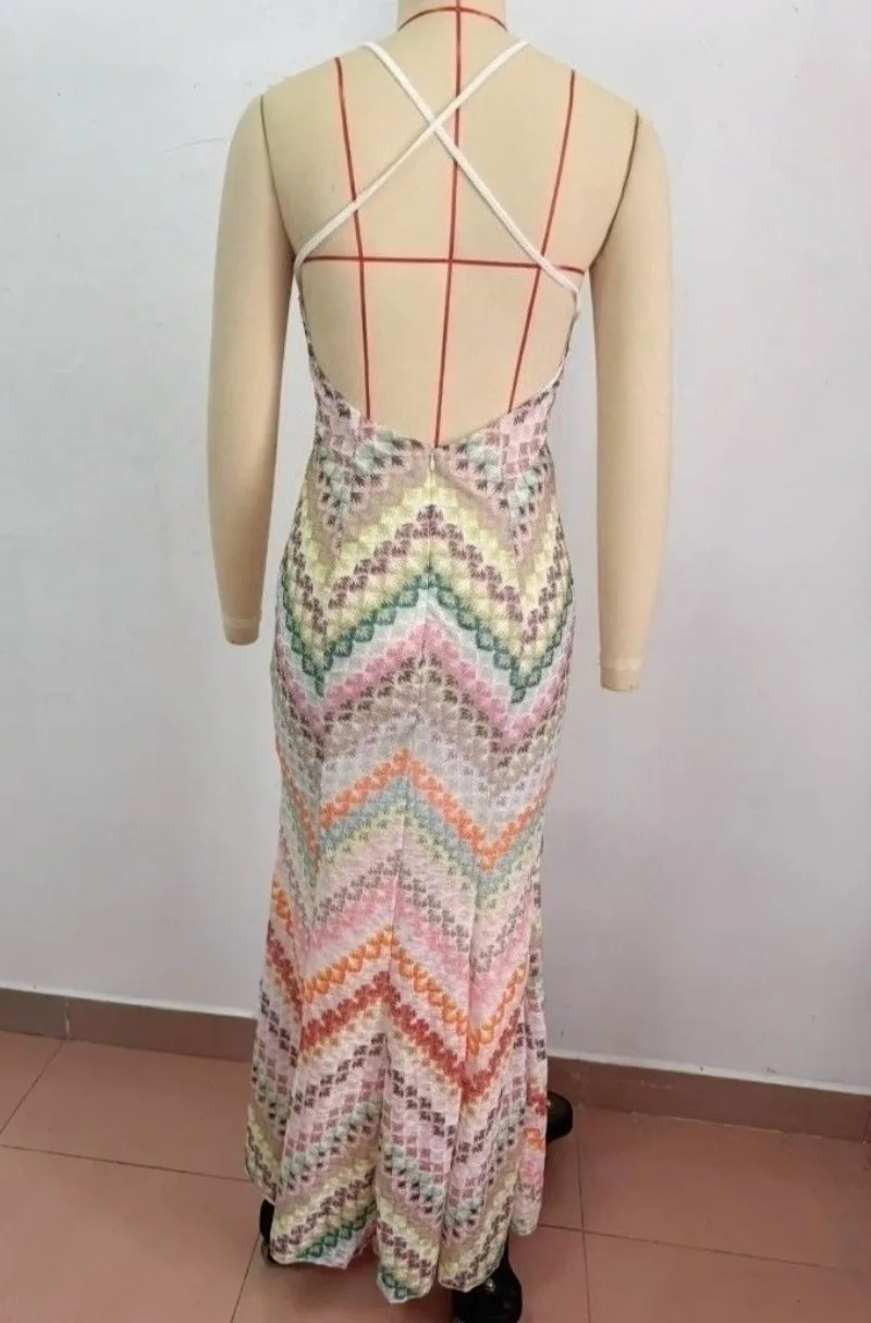 Bohemian Multicolor Chevron Halter Maxi Dress Retro Deep V Neck Criss Cross Backless Sleeveless Pleated Draped Dresses Holiday