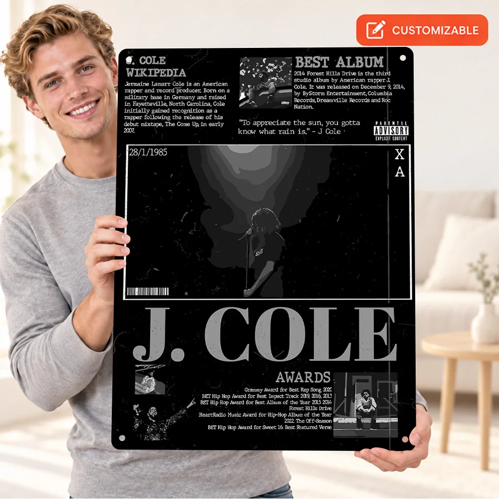J. Cole Printed Poster Personalized Aluminum Metal Sign Monochrome News Layout Wall Art For Home Studio Record Collector Gift