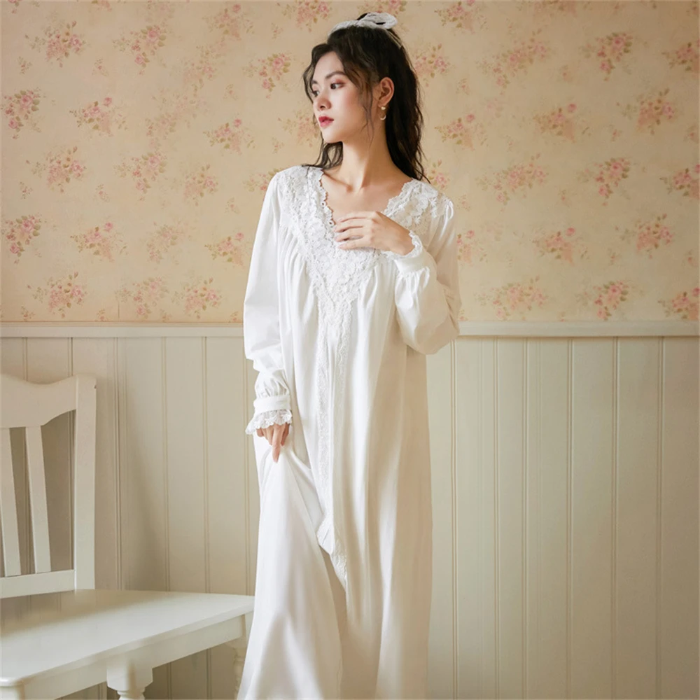 Cotton Long Sleeve Pijama Night Dress Women Spring Autumn Palace Style Retro Sweet Princess Nightgown Loose Loungewear Sleepwear