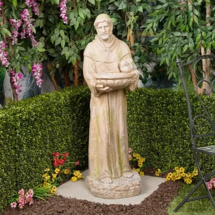 Outdoor garden statue with cast stone material, mossy green finish, bird feeder feature, 45 H for backyard or patio use