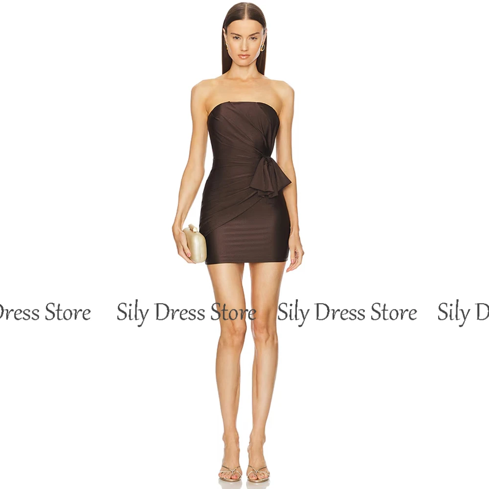 Elegant Party Dresses for Women 2024 Spandex Sheath/Column Cocktail Party Gown Brown Strapless Pleat Prom Dress Mini