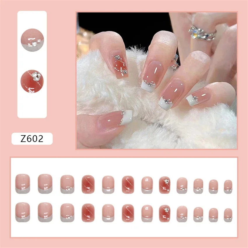 24 ps/set puntas de uñas postizas de Ballet corto, diseños de deseo puro blanco leche, uso de uñas postizas, colorete, perlas, modelos de taladro, prensa en las uñas