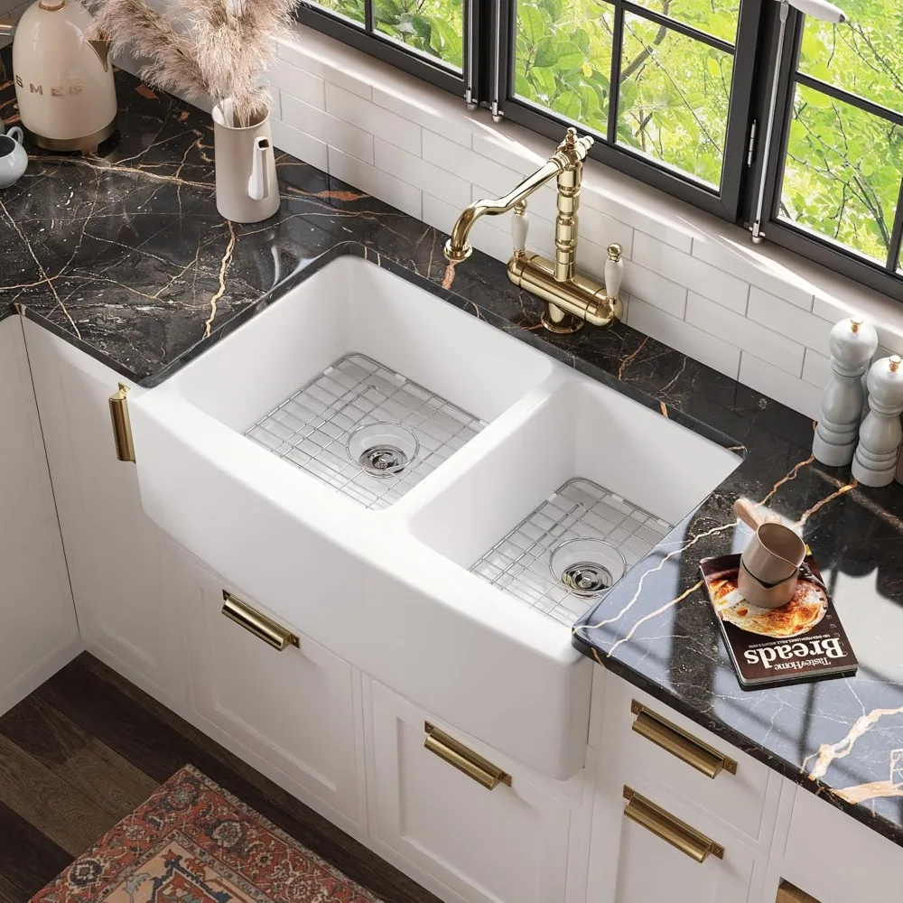 

Double Bowl Farmhouse Sink Farm Kitchen Sink Apron Front Double Bowl White Ceramic Kitchen Sinks Drop in Fireclay Sink