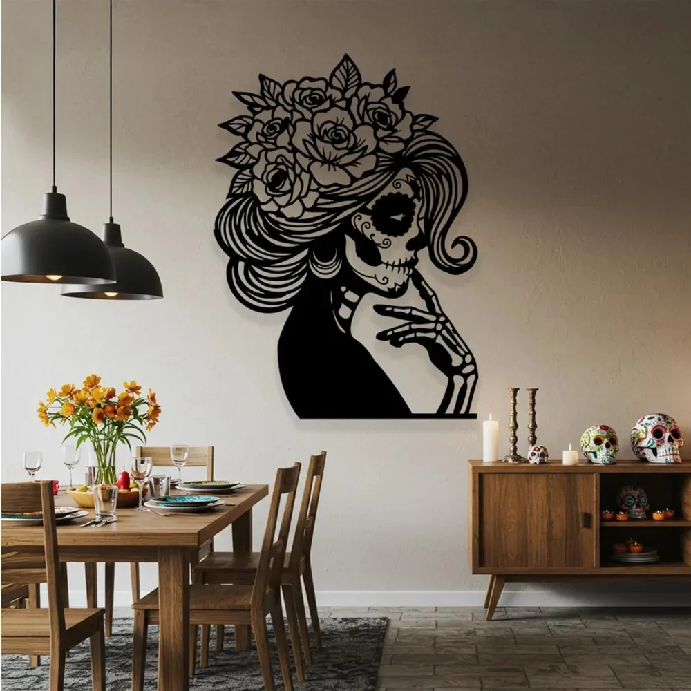 CIFbuy Sugar Skull Woman Iron Metal Wall Art, Day of the Dead Boho Floral Hanging Decor & Dia De Los Muertos Gift Ornament