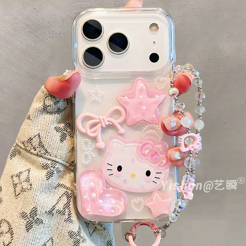 

Anime for IPhone 17 Pro Max 16 Pro 15 14 Plus 13 Air Cute Sanrio Hello KItty Phone Case with 3D Polka Dot Heart Star Pink Kawaii