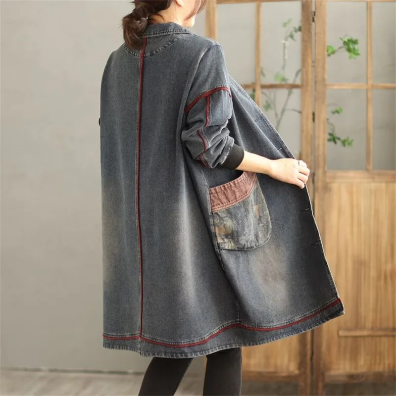 

Autumn Lady Splicing Together Denim Trench Outwear Female Large Size 4XL Cowboy Coat Retro Women Long Sleeves Jeans Jacket