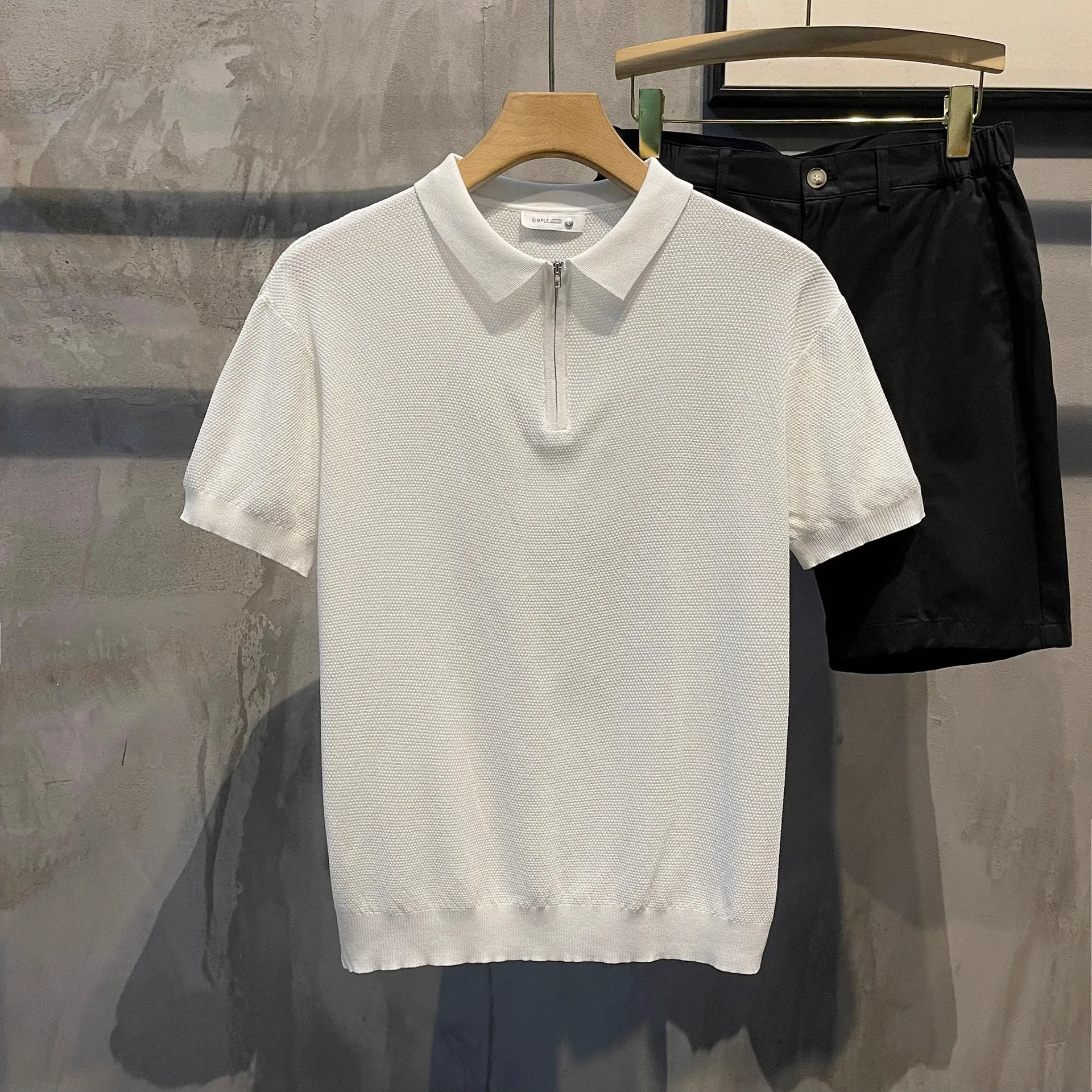 Summer Half-Zip Lapel Slim Short Sleeve Knit Polo Shirt Men's Korean Business Casual Top