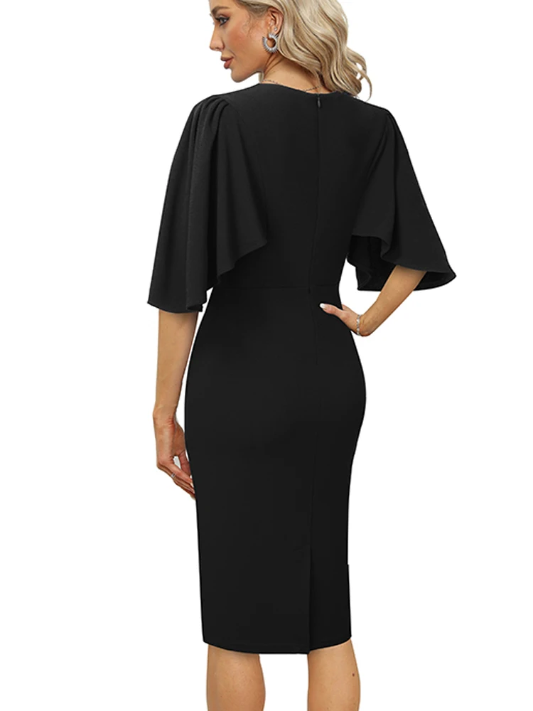 Nice-Forever autunno donna Classy Solid Black Color abiti formale Business Party elegante Vintage Slim Bodycon Dress B970