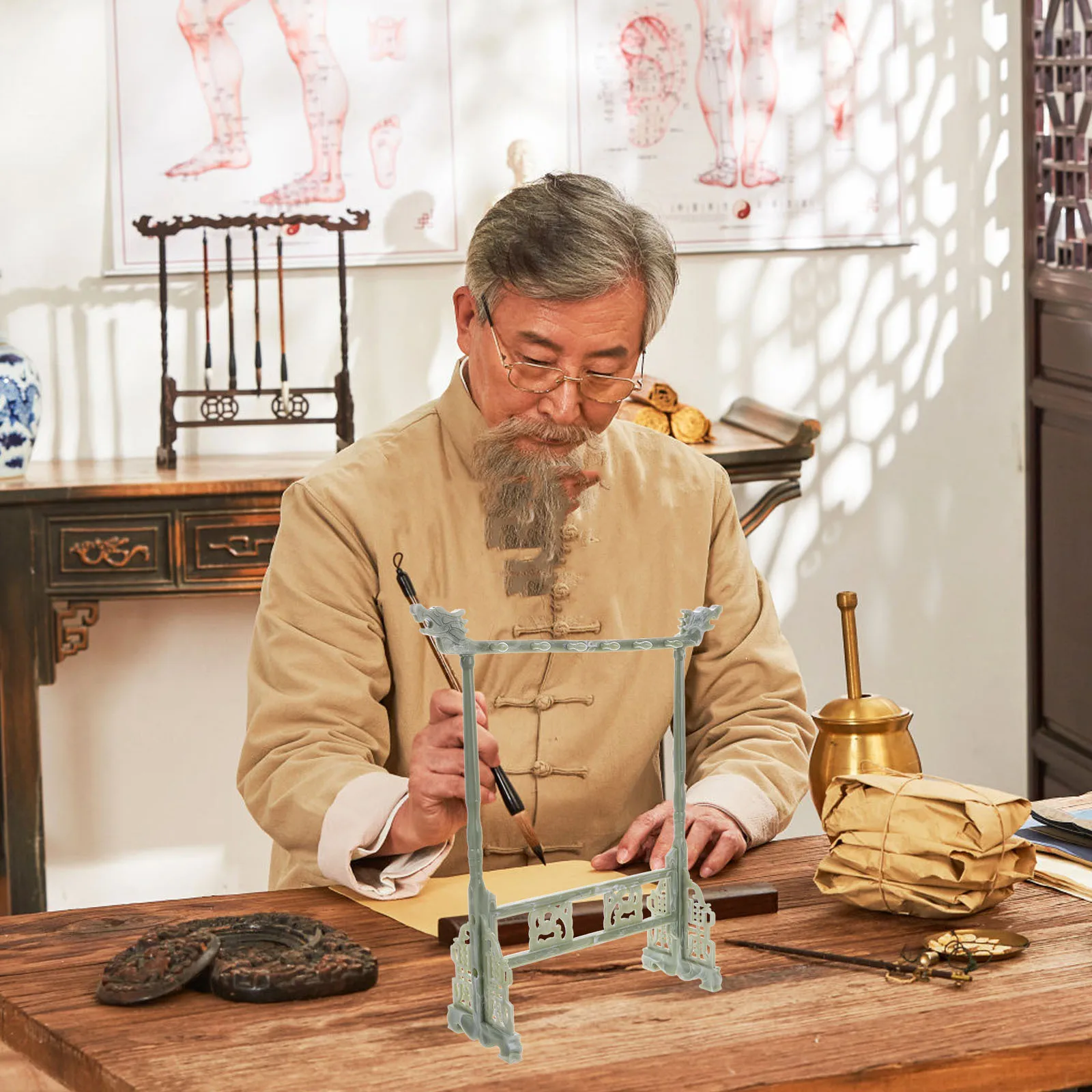 

Calligraphy Holder Jade Green Imitation Head Multi-Functional Desk Organizer For Brushes Keys Jewelry Sumi