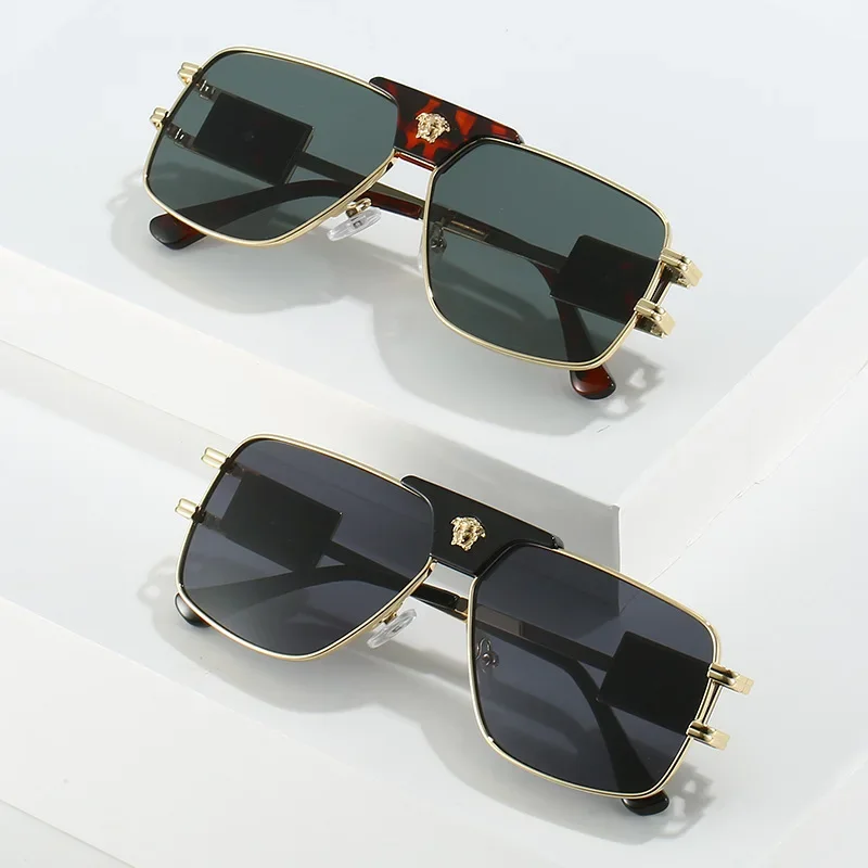 Fashionable Men's Sunglasses Large Brand Cross-border Explosion Style Square Double Bridge Metal Sunglasses European Style