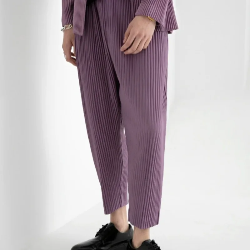 

Miyake Pleated Men’s Pants Loose Fit Nine-point Trousers Casual Summer Outfit Japanese Style Cropped Pants Lightweight Bottoms