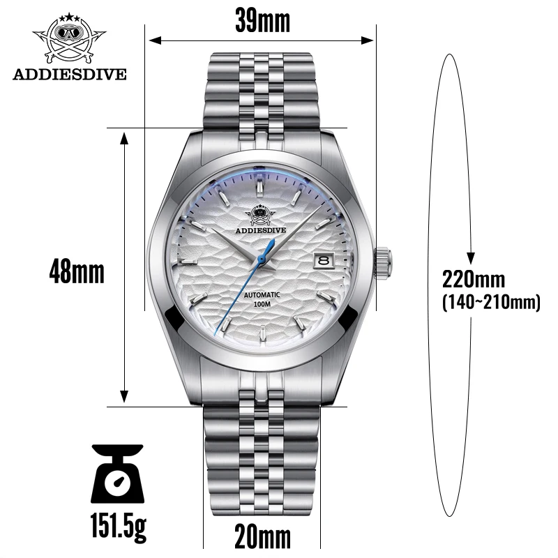 Reloj ADDIESDIVE para hombre, 10bar, resistente al agua, cristal de zafiro, reloj mecánico automático, relojes Masculino