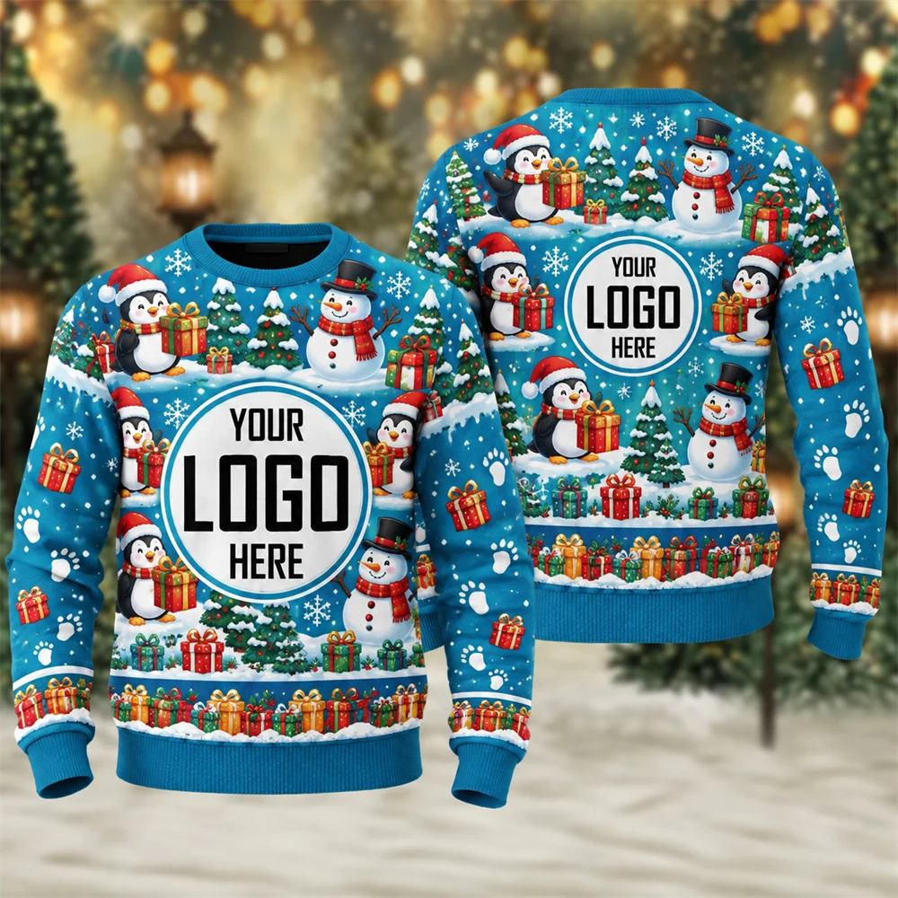Christmas Ugly Sweater Custom Front Back Logo for Men 3D Print Reindeer Plaid and Xmas Tree Crewneck Pullover Sweatshirt Fashion