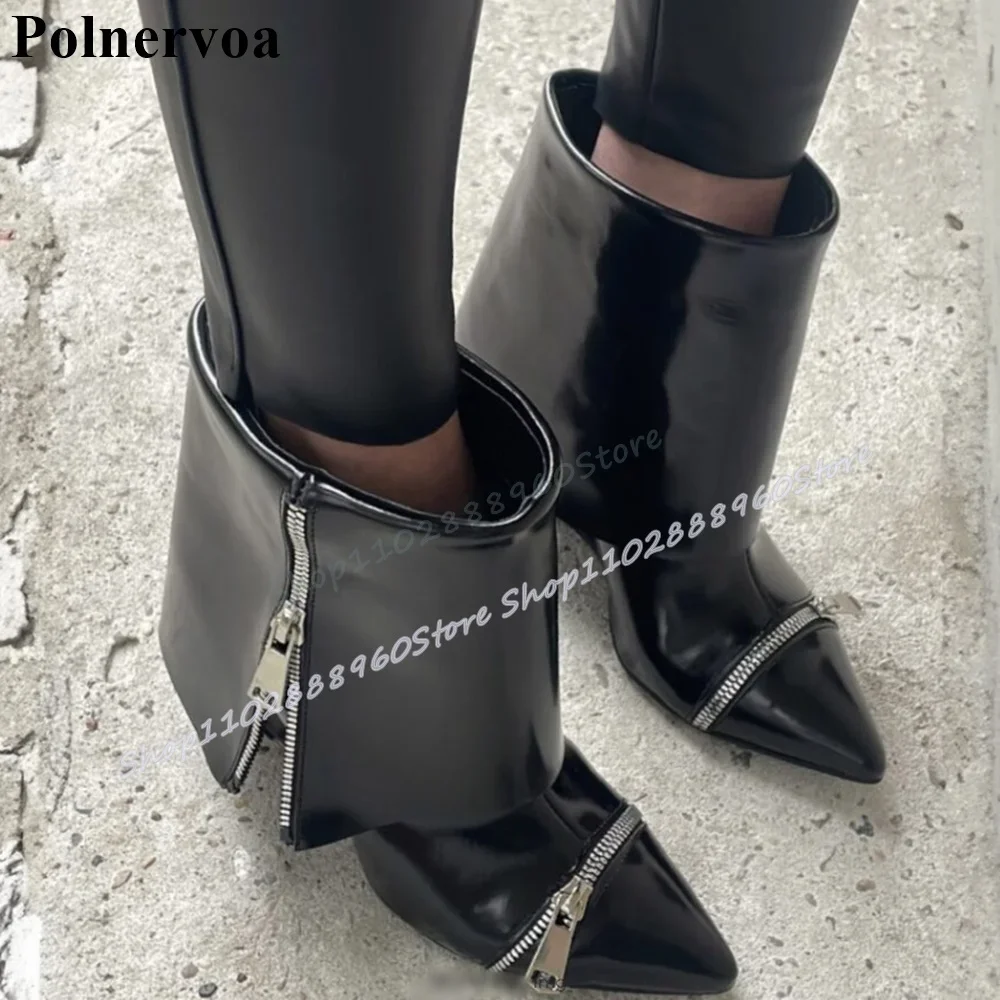 

Black Leather Metal Zipper Fold Over Ankle Boots Wedges High Heel Women Shoes Slip On Pointed Toe Occidental Sexy Women Boots