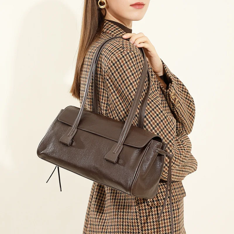 New Genuine Leather Women's Underarm Shoulder Bag Large Capacity Cowhide Luxury Pillow Handbag Long Strip Baguette Bag Female