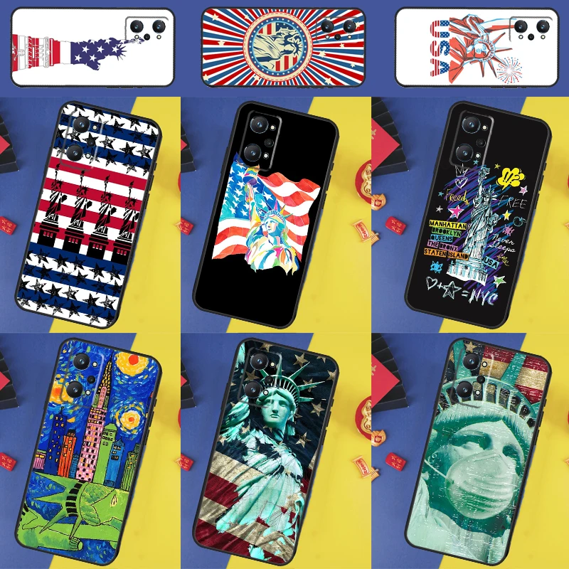 America USA Flag Statue of Liberty Case For Realme 8 9 10 Pro Plus C11 C15 C30 C33 C35 C55 C21Y C25Y GT Neo 5 3 2 2T 3T Cover