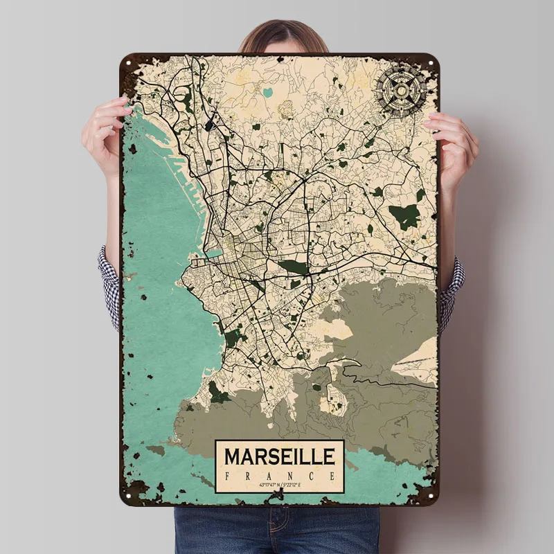 Карта города Марсель, винтажный металлический плакат, украшение для спальни, декор комнаты, мужские металлические жестяные вывески на заказ, тарелки для настенного художественного украшения