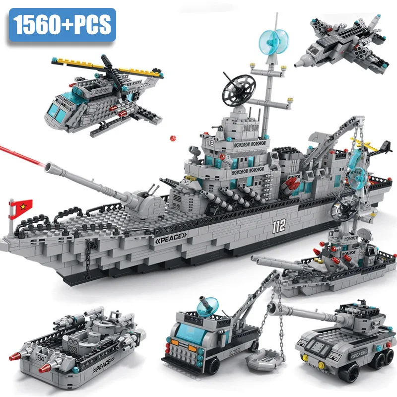 Military 1560pcs 6 In 1 Navy Battleship Destroyer Weapon Building Blocks War Ship Helicopters Bricks Toys Gift For Children