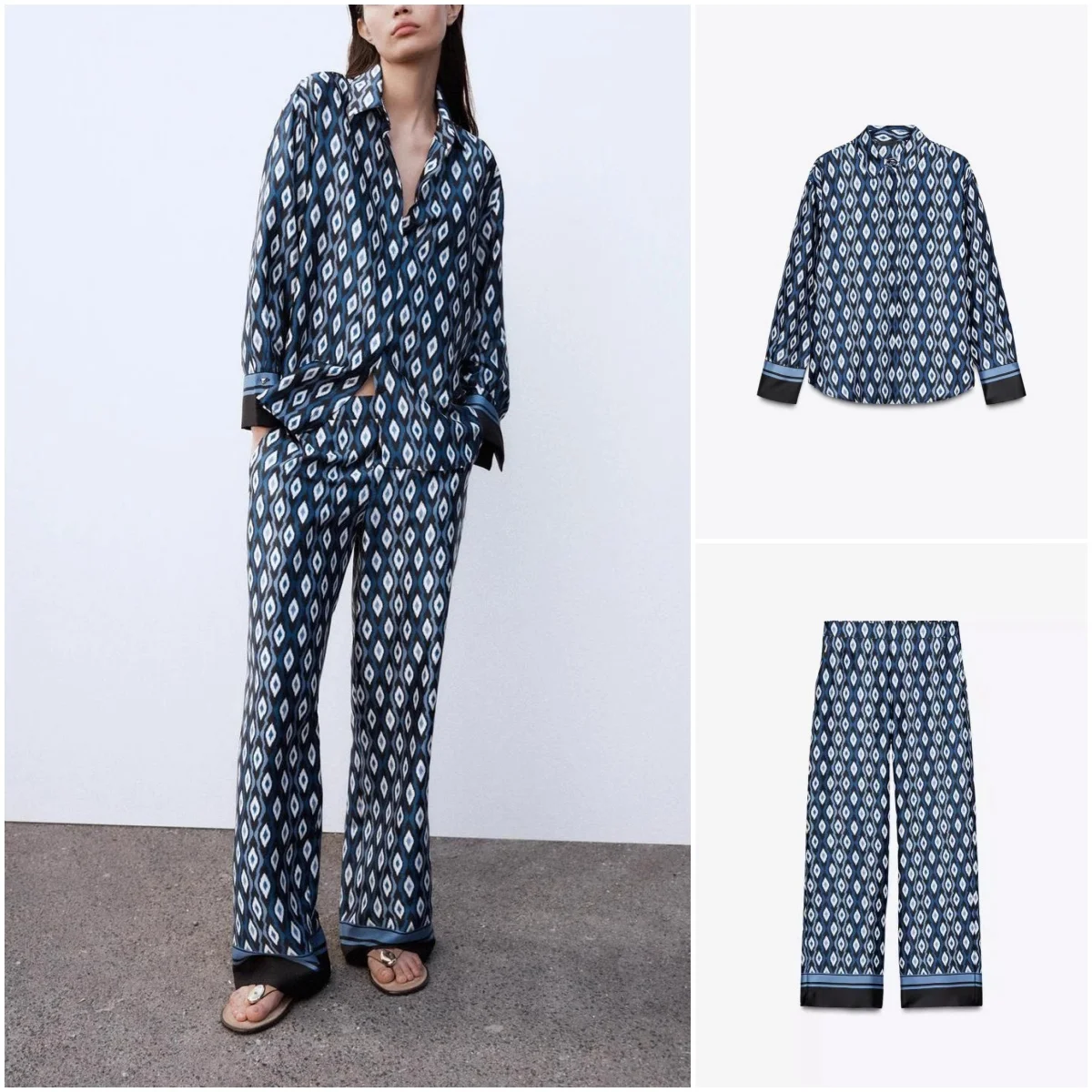 

Spring New Women's Printed irt Collared Geometric Patterned Pants Faion Set 2025 Seasonal Ladies' Clothing