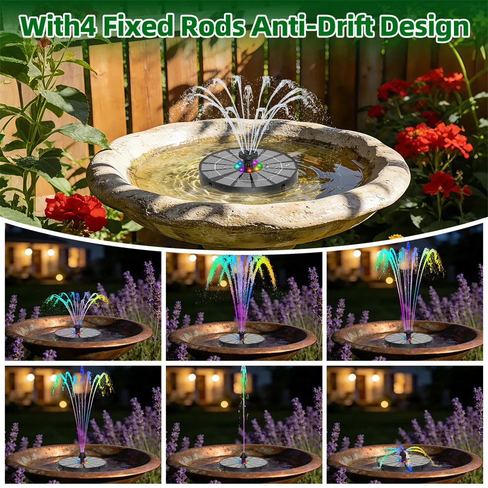 3.5W Solar-Powered Water Fountain with Colorful  LED Lights and 6 Nozzles, DIY Garden Landscape, Solar Bird Bath Fountain view 7
