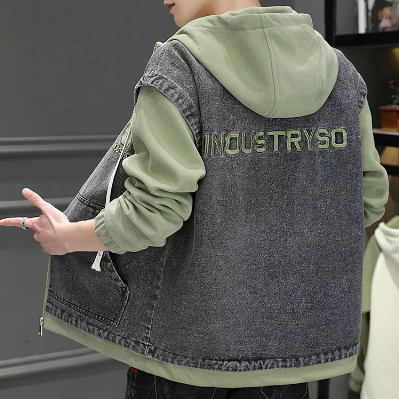 Men Contrast Colors False-Two-Piece Denim Jacket Autumn Winter Male Trendy Hooded Thicken Outwear Casual Oversized Loose Outcoat