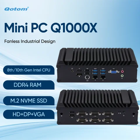 Qotom Barebone Mini PC With 8th/10th Gen Intel Celeron Core i3 i5 Processors 6 COM 2 LAN HD DP VGA Fanless Industrial PC X86